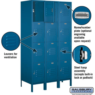 15-inch Wide Four Tier Standard Metal Locker - 3 Wide - 6 Feet High - 18-inch Deep by Salsbury – Blue – Assembled by Salsbury (view 2)