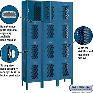 15-inch Wide Four Tier Vented Metal Locker - 3 Wide - 6 Feet High - 15-inch Deep by Salsbury – Blue – Assembled by Salsbury (view 2)