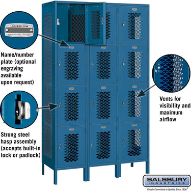 15-inch Wide Four Tier Vented Metal Locker - 3 Wide - 6 Feet High - 18-inch Deep by Salsbury – Blue – Assembled by Salsbury (view 2)