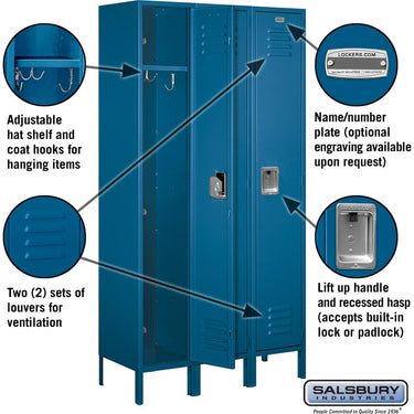 15-inch Wide Single Tier Standard Metal Locker - 3 Wide - 6 Feet High - 15-inch Deep by Salsbury – Blue – Assembled by Salsbury (view 2)