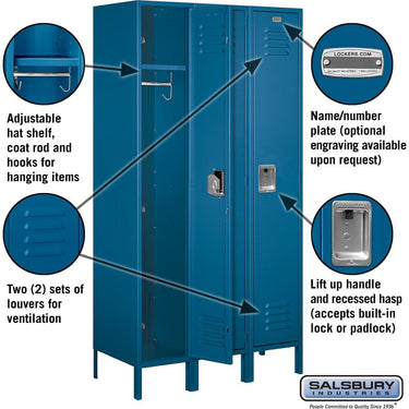 15-inch Wide Single Tier Standard Metal Locker - 3 Wide - 6 Feet High - 18-inch Deep by Salsbury – Blue – Assembled by Salsbury (view 2)