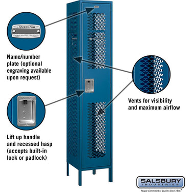 15-inch Wide Single Tier Vented Metal Locker - 1 Wide - 6 Feet High - 18-inch Deep by Salsbury – Blue – Assembled by Salsbury (view 2)