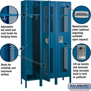 15-inch Wide Single Tier Vented Metal Locker - 3 Wide - 6 Feet High - 15-inch Deep by Salsbury – Blue – Assembled by Salsbury (view 2)