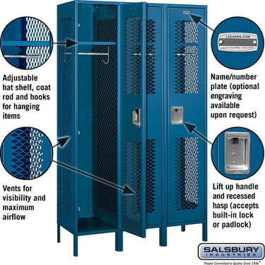15-inch Wide Single Tier Vented Metal Locker - 3 Wide - 6 Feet High - 18-inch Deep by Salsbury – Blue – Assembled by Salsbury (view 2)