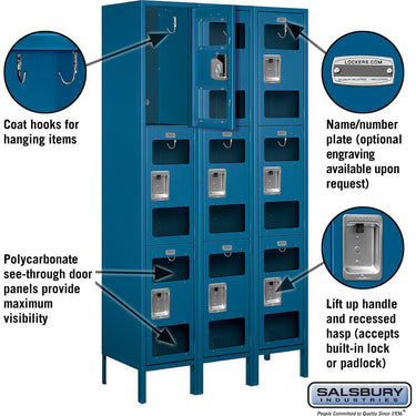 15-inch Wide Triple Tier See-Through Metal Locker - 3 Wide - 6 Feet High - 15-inch Deep by Salsbury – Blue – Assembled by Salsbury (view 2)