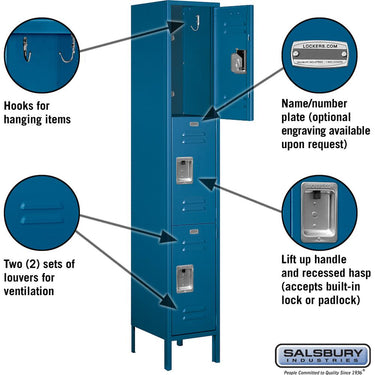 15-inch Wide Triple Tier Standard Metal Locker - 1 Wide - 6 Feet High - 15-inch Deep by Salsbury – Blue – Assembled by Salsbury (view 2)