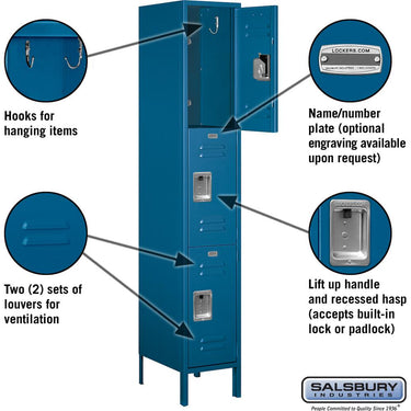 15-inch Wide Triple Tier Standard Metal Locker - 1 Wide - 6 Feet High - 18-inch Deep by Salsbury – Blue – Assembled by Salsbury (view 2)