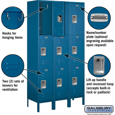 15-inch Wide Triple Tier Standard Metal Locker - 3 Wide - 6 Feet High - 15-inch Deep by Salsbury – Blue – Assembled by Salsbury (view 2)
