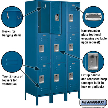 15-inch Wide Triple Tier Standard Metal Locker - 3 Wide - 6 Feet High - 18-inch Deep by Salsbury – Blue – Assembled by Salsbury (view 2)