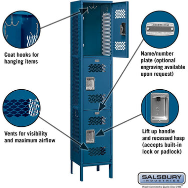 15-inch Wide Triple Tier Vented Metal Locker - 1 Wide - 6 Feet High - 15-inch Deep by Salsbury – Blue – Assembled by Salsbury (view 2)