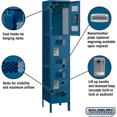 15-inch Wide Triple Tier Vented Metal Locker - 1 Wide - 6 Feet High - 18-inch Deep by Salsbury – Blue – Assembled by Salsbury (view 2)