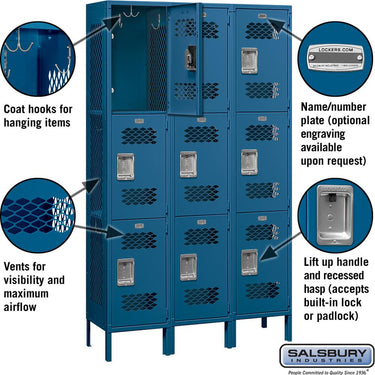 15-inch Wide Triple Tier Vented Metal Locker - 3 Wide - 6 Feet High - 15-inch Deep by Salsbury – Blue – Assembled by Salsbury (view 2)