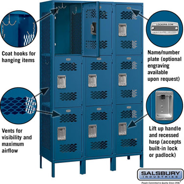 15-inch Wide Triple Tier Vented Metal Locker - 3 Wide - 6 Feet High - 18-inch Deep by Salsbury – Blue – Assembled by Salsbury (view 2)