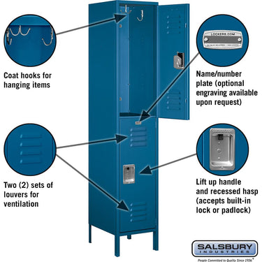18-inch Wide Double Tier Standard Metal Locker - 1 Wide - 6 Feet High - 18-inch Deep by Salsbury – Blue – Assembled by Salsbury (view 2)