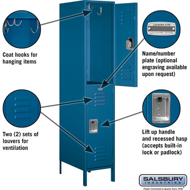 18-inch Wide Double Tier Standard Metal Locker - 1 Wide - 6 Feet High - 21-inch Deep by Salsbury – Blue – Assembled by Salsbury (view 2)