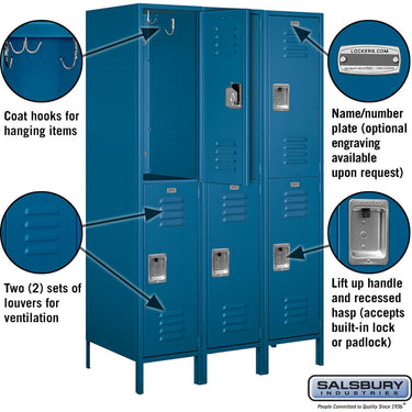 18-inch Wide Double Tier Standard Metal Locker - 3 Wide - 6 Feet High - 21-inch Deep by Salsbury – Blue – Assembled by Salsbury (view 2)