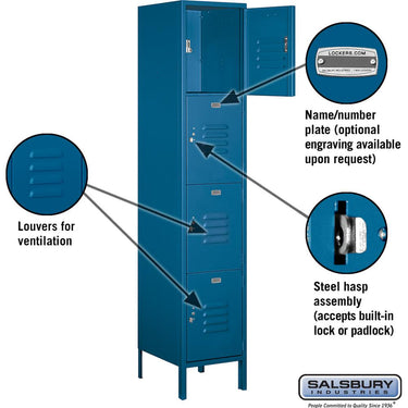18-inch Wide Four Tier Standard Metal Locker - 1 Wide - 6 Feet High - 18-inch Deep by Salsbury – Blue – Assembled by Salsbury (view 2)
