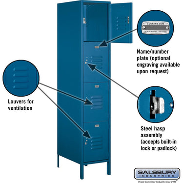18-inch Wide Four Tier Standard Metal Locker - 1 Wide - 6 Feet High - 21-inch Deep by Salsbury – Blue – Assembled by Salsbury (view 2)