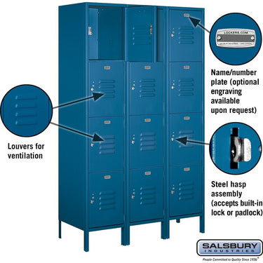 18-inch Wide Four Tier Standard Metal Locker - 3 Wide - 6 Feet High - 18-inch Deep by Salsbury – Blue – Assembled by Salsbury (view 2)