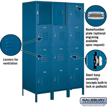 18-inch Wide Four Tier Standard Metal Locker - 3 Wide - 6 Feet High - 21-inch Deep by Salsbury – Blue – Assembled by Salsbury (view 2)