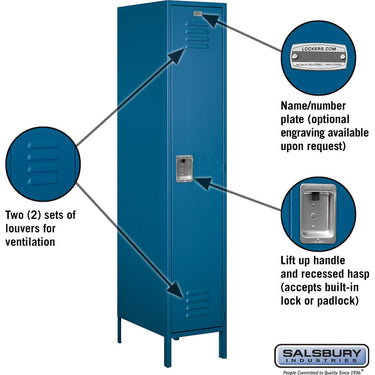 18-inch Wide Single Tier Standard Metal Locker - 1 Wide - 6 Feet High - 21-inch Deep by Salsbury – Blue – Assembled by Salsbury (view 2)