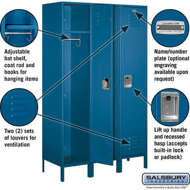 18-inch Wide Single Tier Standard Metal Locker - 3 Wide - 6 Feet High - 18-inch Deep by Salsbury – Blue – Assembled by Salsbury (view 2)
