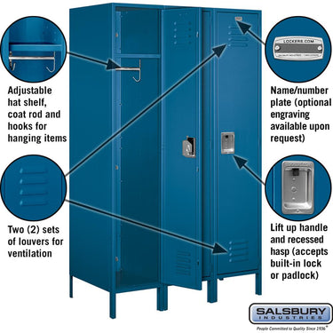 18-inch Wide Single Tier Standard Metal Locker - 3 Wide - 6 Feet High - 21-inch Deep by Salsbury – Blue – Assembled by Salsbury (view 2)