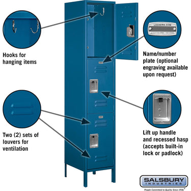 18-inch Wide Triple Tier Standard Metal Locker - 1 Wide - 6 Feet High - 18-inch Deep by Salsbury – Blue – Assembled by Salsbury (view 2)