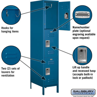 18-inch Wide Triple Tier Standard Metal Locker - 1 Wide - 6 Feet High - 21-inch Deep by Salsbury – Blue – Assembled by Salsbury (view 2)