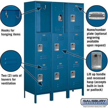 18-inch Wide Triple Tier Standard Metal Locker - 3 Wide - 6 Feet High - 18-inch Deep by Salsbury – Blue – Assembled by Salsbury (view 2)