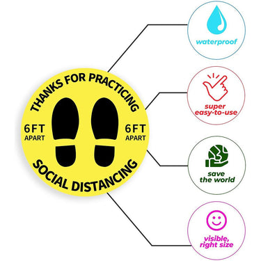 6 Feet Apart Social Distancing Floor Decals Stickers - 11" Diameter - Yellow / 5 Pack