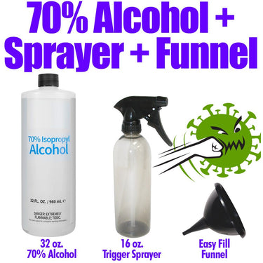 70% Alcohol 32 oz. + 16 oz. Trigger Sprayer + Easy Fill Funnel Bundle