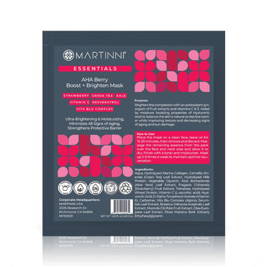 AHA Berry Boost + Brighten Mask / Pack of 15 - Each Pre-Moistened 100% Natural and Paraben Free Mask is Single Use by Martinni