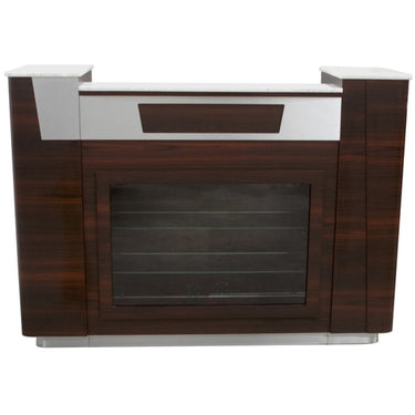 Asher Reception Desk / Dark Wood with Stainless Accents and Glass Display by HANS Equipment