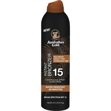 Australian Gold Instant Bronzer Continuous Spray Sunscreen - SPF 15 / Instant Bronzer / Non-Greasy / Cruelty Free / Oxybenzone Free / Water Resistant / 6 fl. oz. - 170 grams