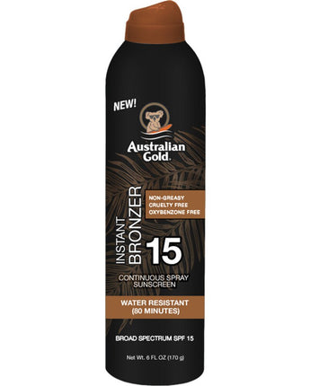 Australian Gold Instant Bronzer Continuous Spray Sunscreen - SPF 15 / Instant Bronzer / Non-Greasy / Cruelty Free / Oxybenzone Free / Water Resistant / 6 fl. oz. - 170 grams