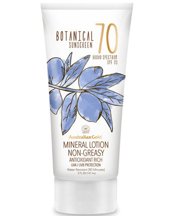 Australian Gold SPF Botanical Sunscreen Mineral Lotion - 70 SPF / Mineral Lotion / Non-Greasy / Antioxidant Rich / UVA-UVB Broad Spectrum Protection / 5 fl. oz. - 147 mL.