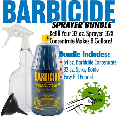 Barbicide - Virucide Surface Cleaner and Disinfectant Sprayer Bundle = 64 oz. of Barbicide Concentrate + 32 oz. Spray Bottle + Easy Fill Funnel - REFILLS THE 32 OZ. SPRAYER 32X - MAKES 8 GALLONS!