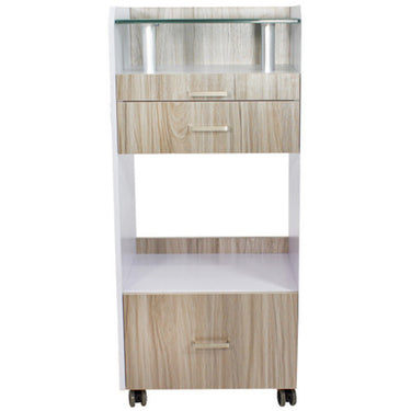 Bexley Spa Trolley with Pull-Out Working Space and Hot Towel Cabinet Cubby / White & Light Wood by HANS Equipment