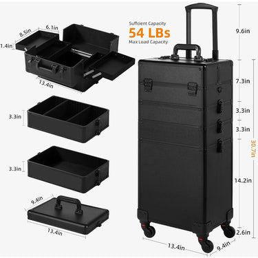 Black 5-in-1 Rolling Makeup Train Case with Wheels – Large Professional Cosmetology and Salon Organizer