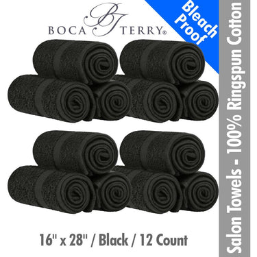 Boca Terry Magic Bleach Proof Spa-Salon Towels - 100% Ringspun Cotton - 16" x 28" - 392 GSM / Black / 12 Count