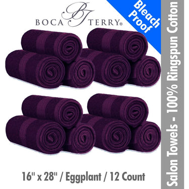 Boca Terry Magic Bleach Proof Spa-Salon Towels - 100% Ringspun Cotton - 16" x 28" - 392 GSM / Eggplant / 12 Count