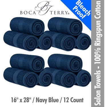 Boca Terry Magic Bleach Proof Spa-Salon Towels - 100% Ringspun Cotton - 16" x 28" - 392 GSM / Navy Blue / 12 Count