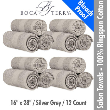 Boca Terry Magic Bleach Proof Spa-Salon Towels - 100% Ringspun Cotton - 16" x 28" - 392 GSM / Silver Grey / 12 Count