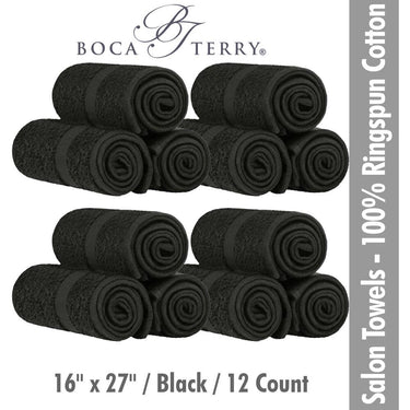 Boca Terry Spa-Salon Towels - 100% Ringspun Cotton - 16" x 27" - 373 GSM / Black / 12 Count