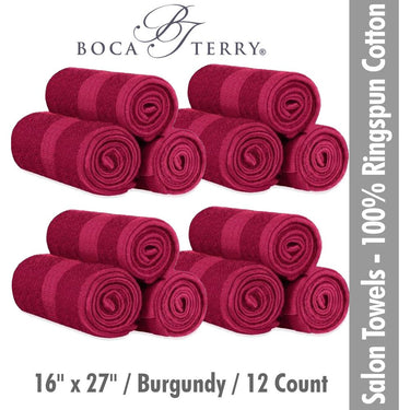 Boca Terry Spa-Salon Towels - 100% Ringspun Cotton - 16" x 27" - 373 GSM / Burgundy / 12 Count