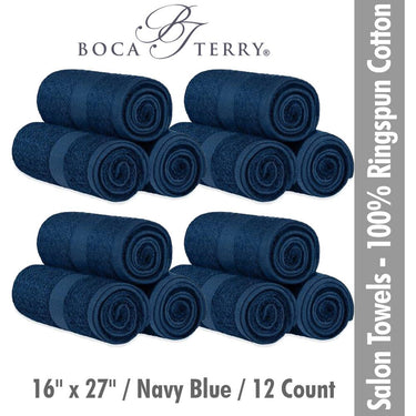 Boca Terry Spa-Salon Towels - 100% Ringspun Cotton - 16" x 27" - 373 GSM / Navy Blue / 12 Count