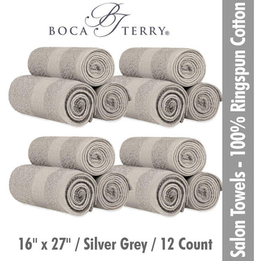Boca Terry Spa-Salon Towels - 100% Ringspun Cotton - 16" x 27" - 373 GSM / Silver Grey / 12 Count