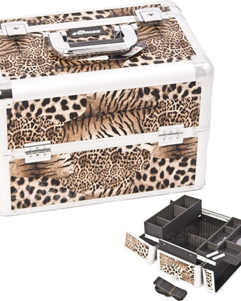 Borwn Interchangeable Easy Slide & Extendable Tray Leopard Textured Printing Professional Aluminum Cosmetic Makeup Case With Dividers by TruCase