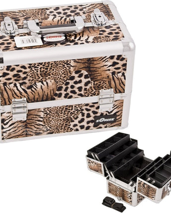 Brown Interchangeable 6-Tiers Extendable Tray Leopard Textured Printing Professional Aluminum Cosmetic Makeup Case With Dividers by TruCase